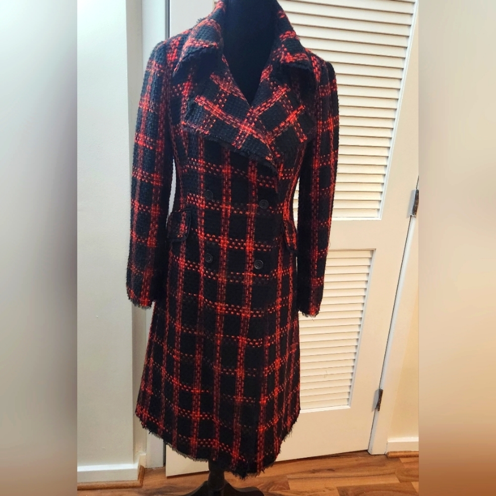 WD.NY Red Black Houndstooth Long Sleeve Collard Coat Sz 6